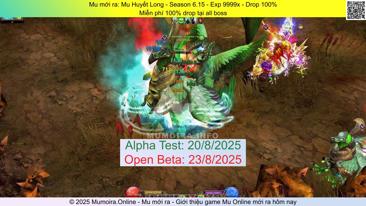 Mu mới ra, Mu Huyết Long, mu-huyetlong.net, Mu Online, Mu SS6 mới ra, Mu Test tháng 8 2025, Miễn phí 100% drop tại all boss, Season 6.15