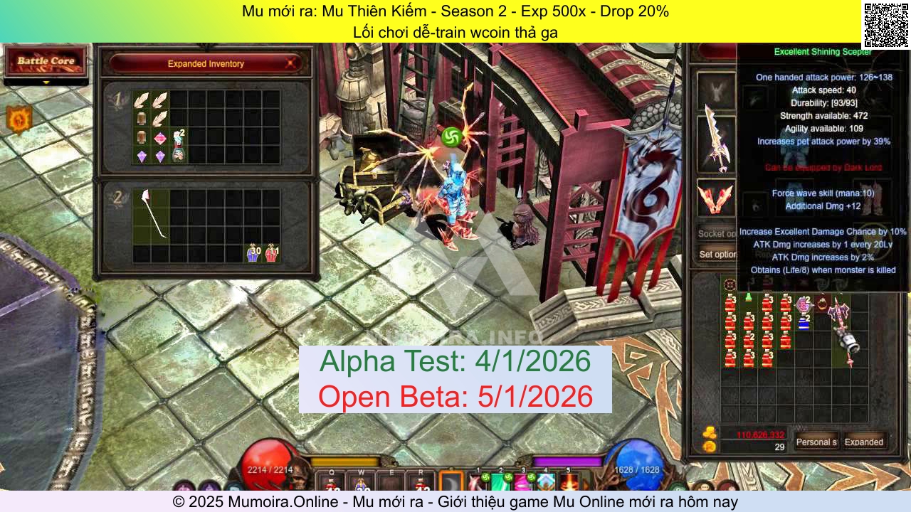 Mu mới ra, Mu Thiên Kiếm, thienkiem.info, Mu Online, Mu SS2 mới ra, Mu Test tháng 1 2026, Lối chơi dễ-train wcoin thả ga, Season 2