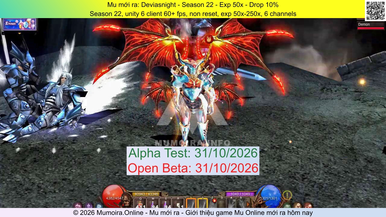 Mu mới ra, Deviasnight, deviasnight.online, Mu Online, Mu SS22 mới ra, Mu Test tháng 10 2026, Season 22, unity 6 client 60+ fps, non reset, exp 50x-250x, 6 channels, Season 22