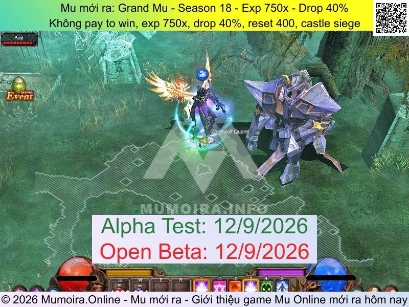 Mu mới ra, Grand Mu, s18.grandmu.com, Mu Online, Mu SS18 mới ra, Mu Test tháng 9 2026, Không pay to win, exp 750x, drop 40%, reset 400, castle siege, Season 18