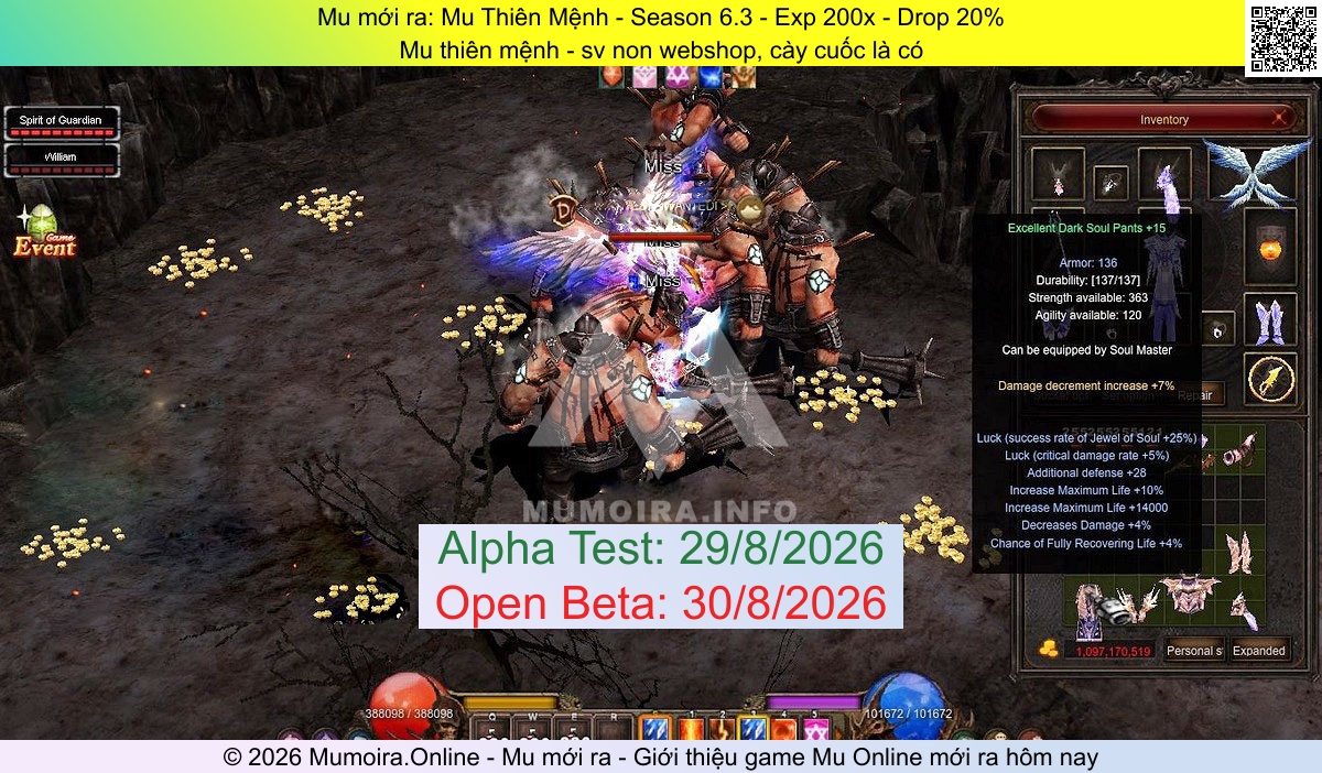 Mu mới ra, Mu Thiên Mệnh, thienmenh.site, Mu Online, Mu SS6 mới ra, Mu Test tháng 8 2026, Mu thiên mệnh - sv non webshop, cày cuốc là có, Season 6.3