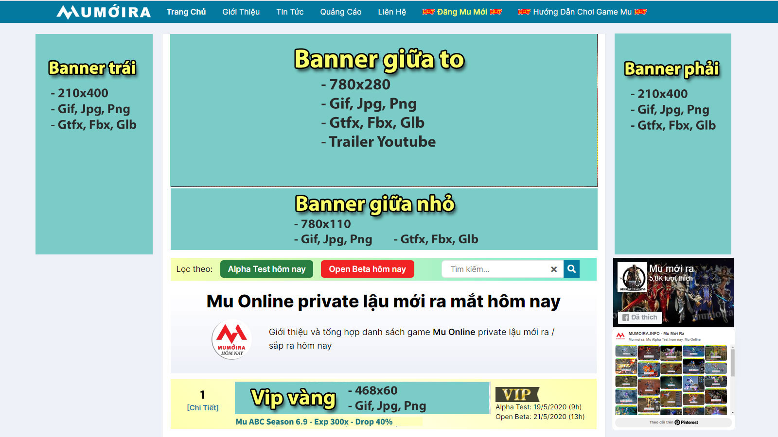 Các vị trí quảng cáo tại website mumoira.online